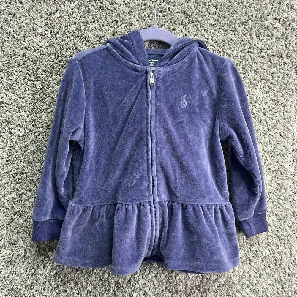 Ralph Lauren Jacket Girls 24M Purple Velour Hooded Full Zip Up Peplum Ruffled He